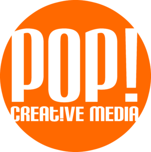 Orange circle with text Pop! Creative Media